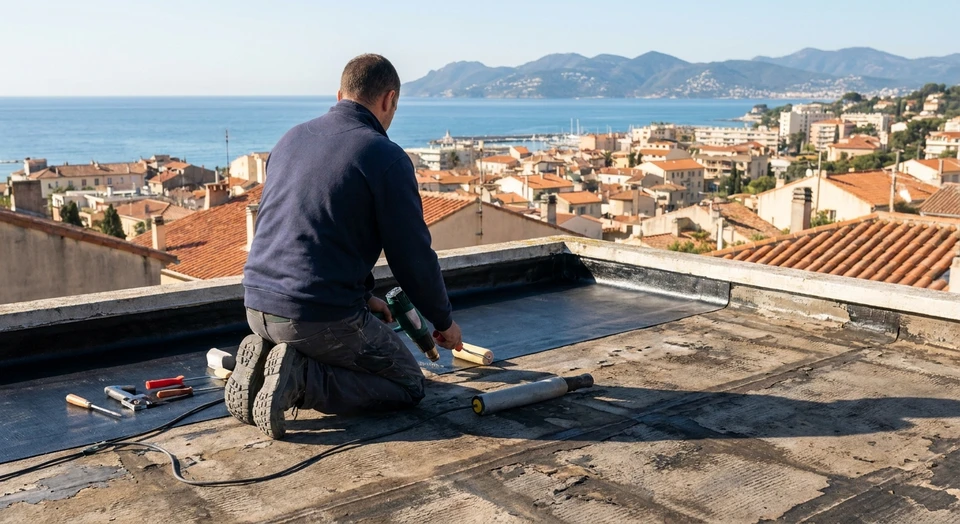 Chantier de construction en extérieur, ouvriers en équipement de protection individuelle installant une membrane d'étanchéité sur toiture-terrasse