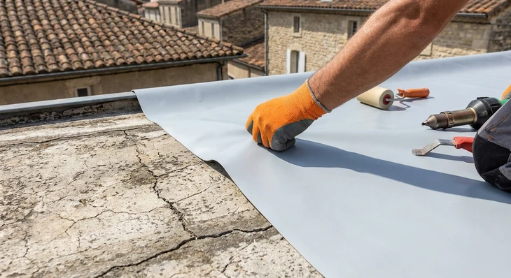 Toiture commerciale plate d'un bâtiment industriel avec membrane étanche blanche