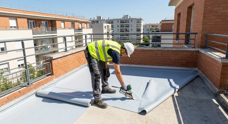 Ouvrier en combinaison de protection blanche manipule une membrane d'étanchéité ondulée noire sur toiture-terrasse